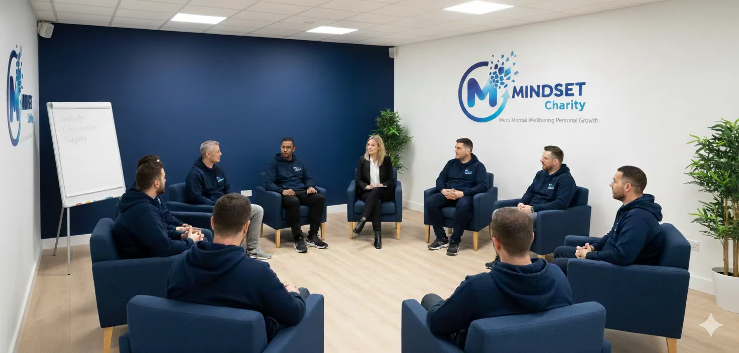 Men seated in a facilitated peer support group